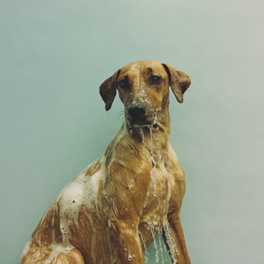 A dog mid-bath with suds on its coat